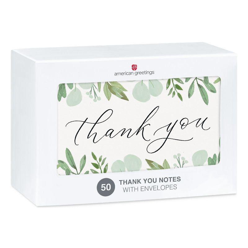 slide 4 of 4, American Greetings 50ct Bulk Thank You Cards with Envelopes Leafy Green Botanical, 50 ct