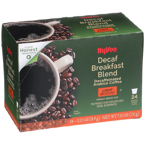 slide 1 of 1, Hy-vee Light Roast Decaf Breakfast Blend Decaffeinated Arabica Coffee Single Serve Cups- 24 ct, 24 ct