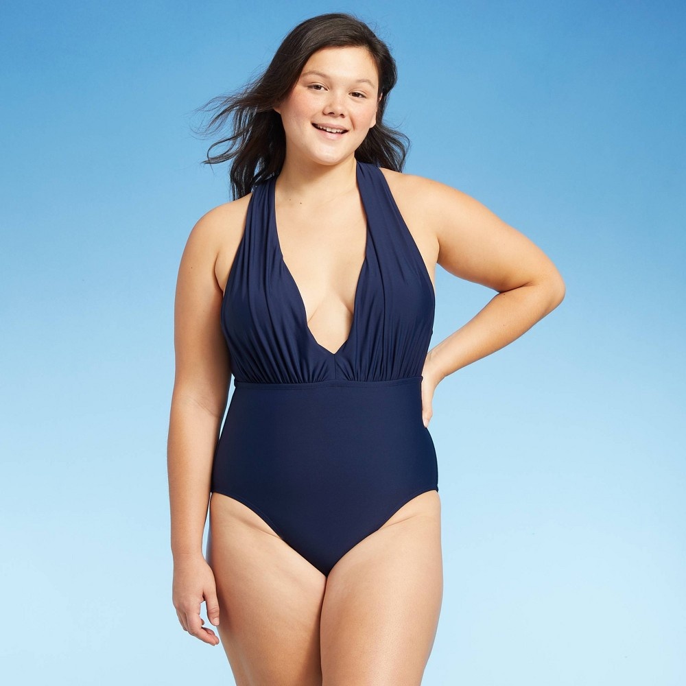 slide 3 of 6, Women's Plunge Front Maillot One Piece Swimsuit - Sea Angel Blue XS, 1 ct