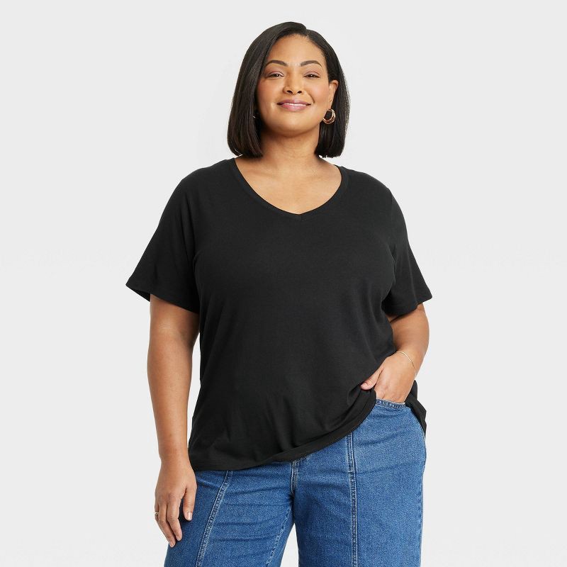 slide 1 of 3, Women's Short Sleeve V-Neck T-Shirt - Ava & Viv™ Black 1X, 1 ct