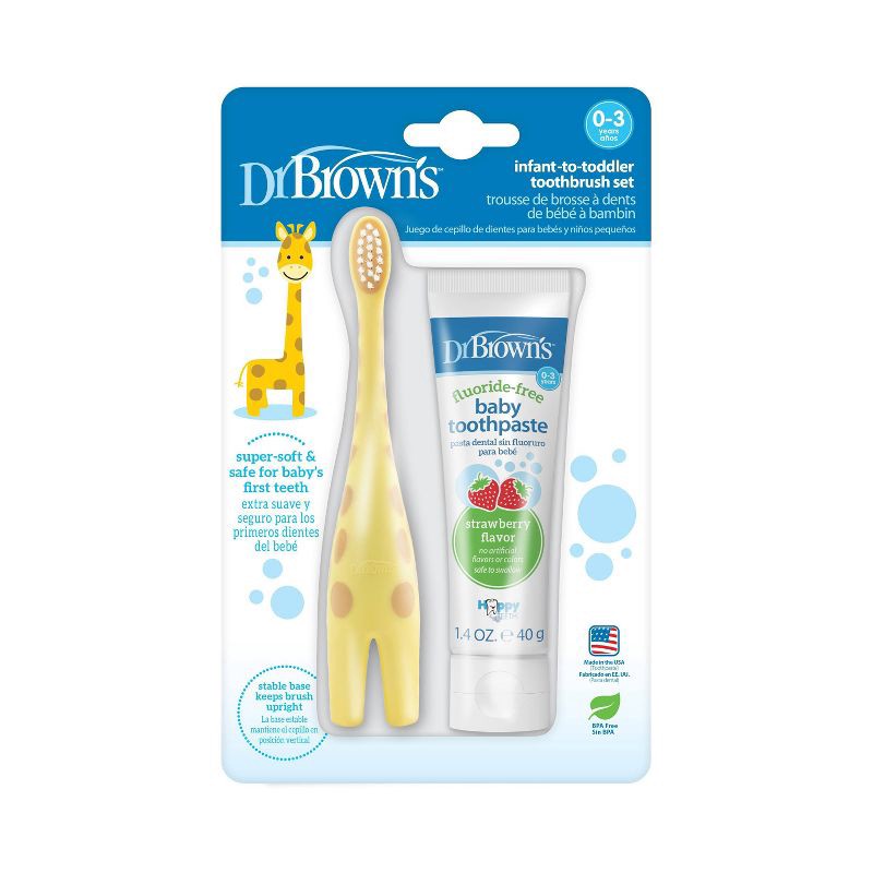 slide 2 of 12, Dr. Brown's Infant-to-Toddler Training Toothbrush & Fluoride-Free Baby Toothpaste Strawberry Flavor - 0-3 years - Giraffe, 1 ct