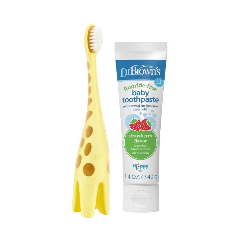 slide 1 of 12, Dr. Brown's Infant-to-Toddler Training Toothbrush & Fluoride-Free Baby Toothpaste Strawberry Flavor - 0-3 years - Giraffe, 1 ct