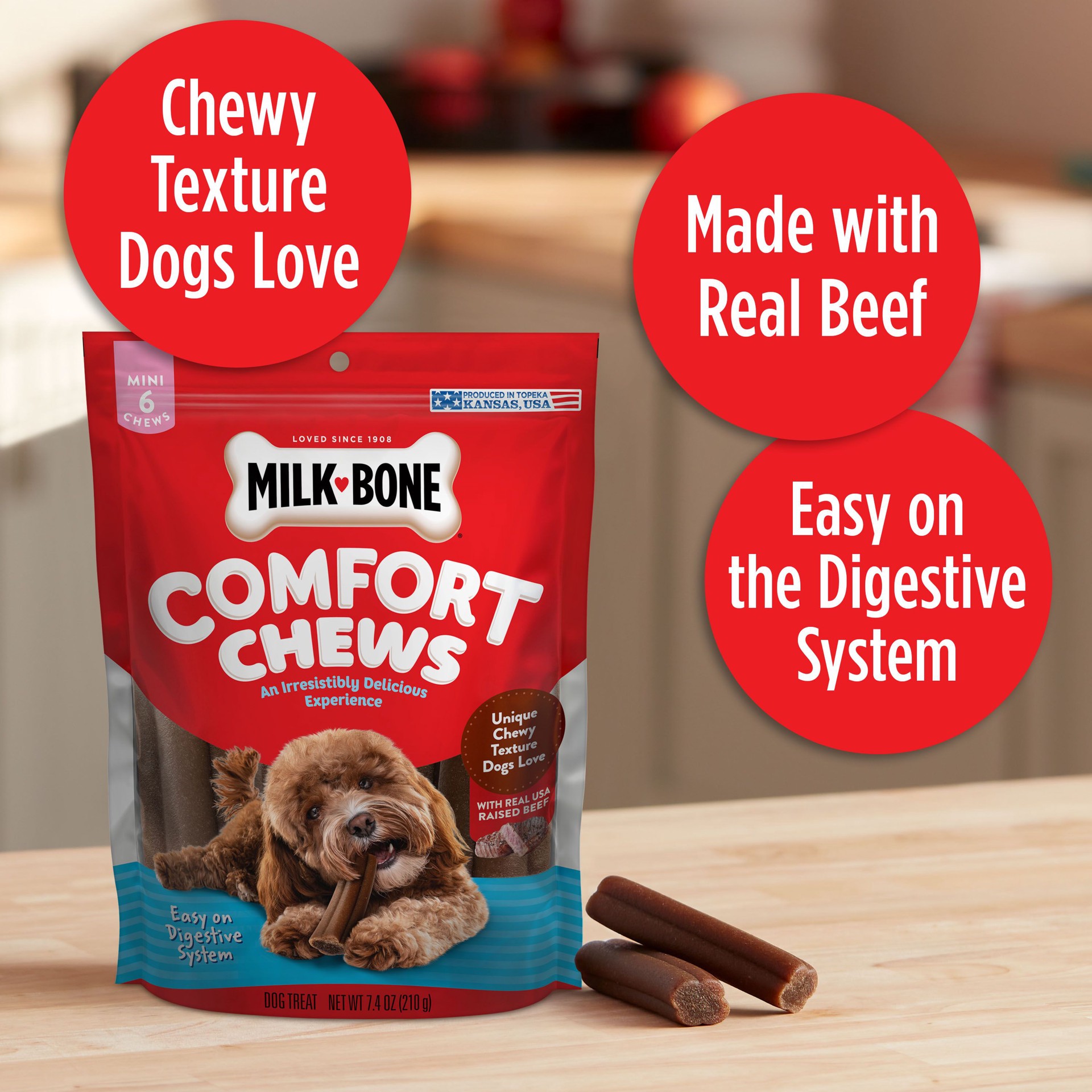 slide 5 of 9, Milk-Bone Mini Comfort Chews, Dog Chews with Unique Chewy Texture and Real Beef, 7.4 Oz. Bag of 6 Chews, 7.4 oz