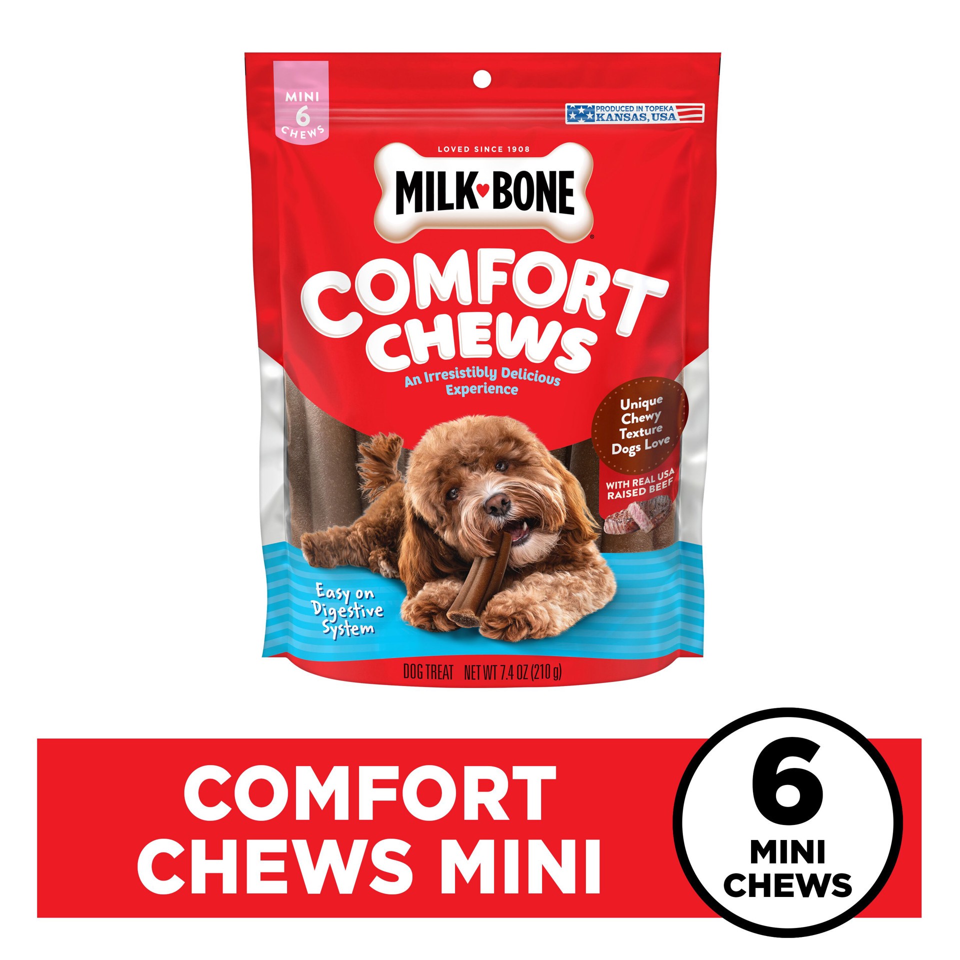slide 3 of 9, Milk-Bone Mini Comfort Chews, Dog Chews with Unique Chewy Texture and Real Beef, 7.4 Oz. Bag of 6 Chews, 7.4 oz