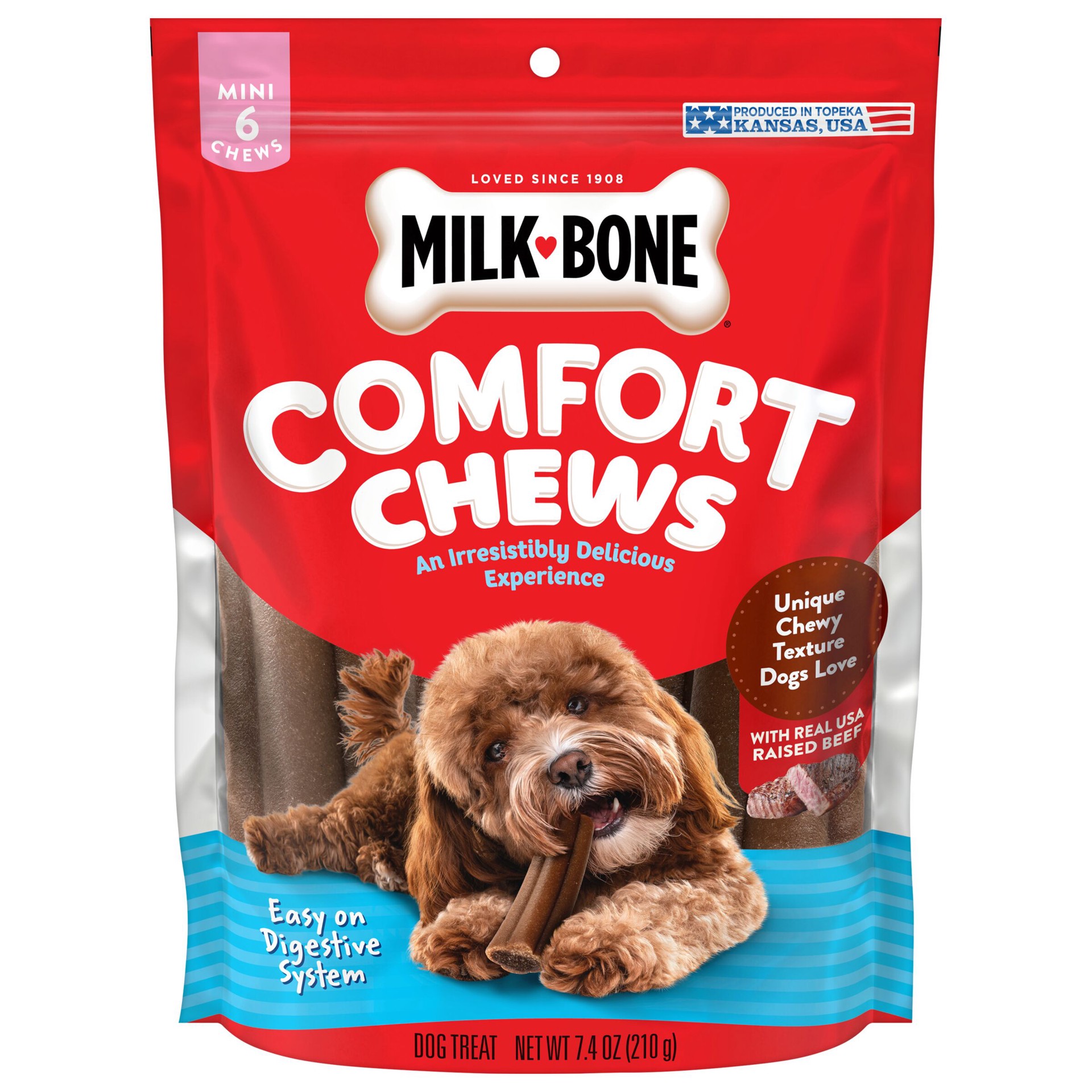 slide 1 of 9, Milk-Bone Mini Comfort Chews, Dog Chews with Unique Chewy Texture and Real Beef, 7.4 Oz. Bag of 6 Chews, 7.4 oz