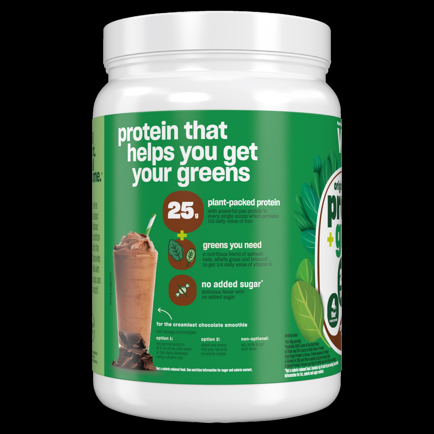 slide 3 of 4, Vega Plant-Based Original Protein + Greens Creamy Chocolate Drink Mix 18 oz, 18 oz