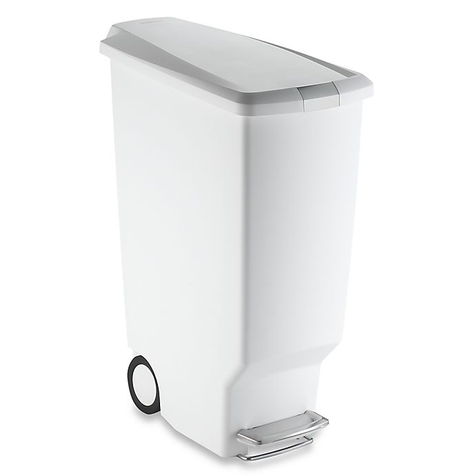 slide 1 of 1, simplehuman Slim Plastic Step-On Trash Can - White, 40 liter