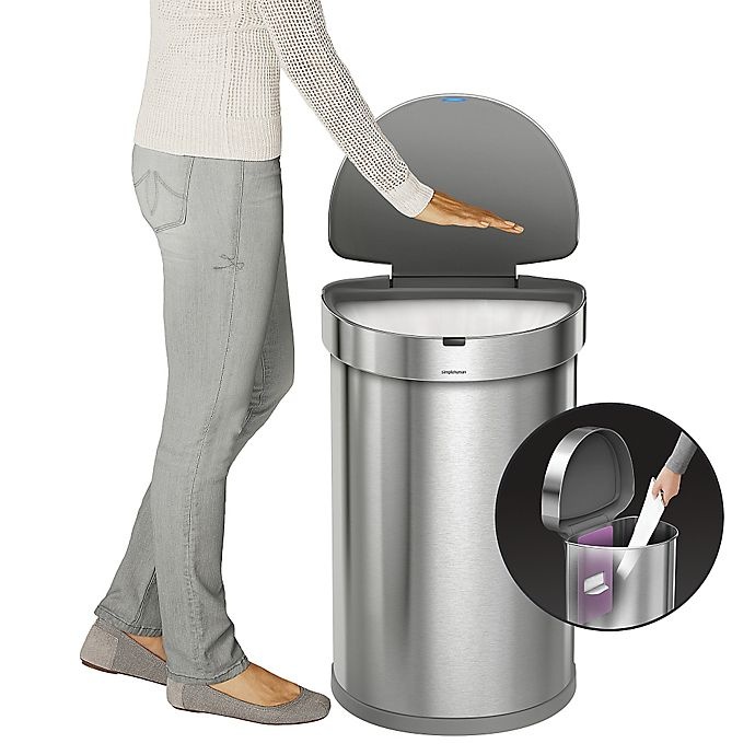 slide 2 of 4, simplehuman Fingerprint-Proof Semi-Round Sensor Trash Can - Brushed Stainless Steel, 45 liter