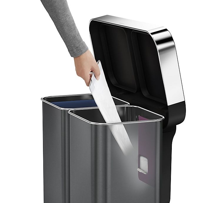 slide 3 of 6, simplehuman Dual Compartment Rectangular Step Trash Can - Black Stainless Steel, 58 liter