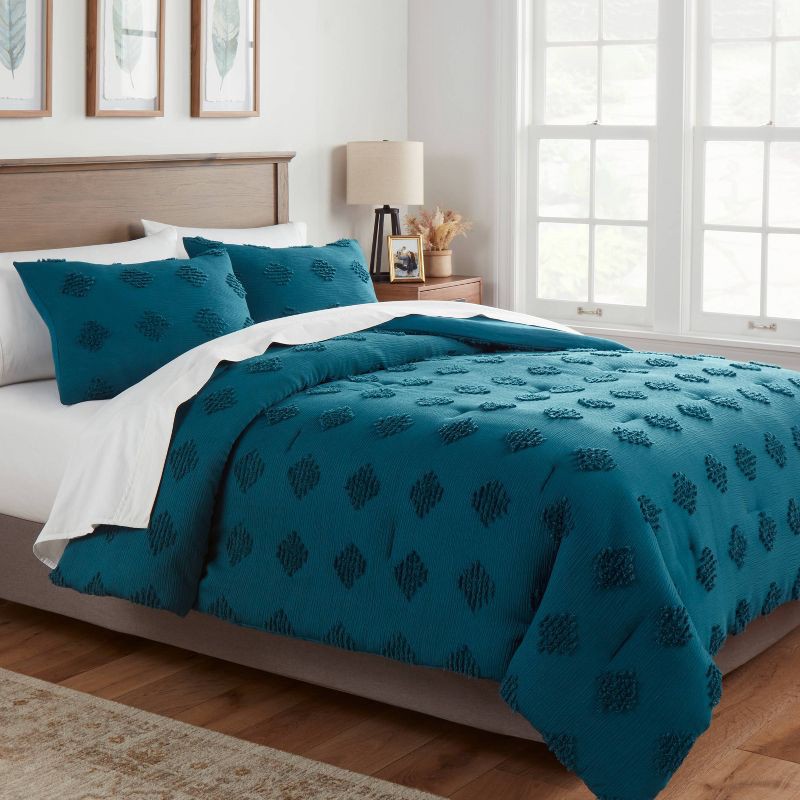 slide 2 of 4, Twin/Twin Extra Long Tufted Diamond Crinkle Comforter and Sham Set Dark Teal Blue - Threshold™: Polyester, OEKO-TEX Certified, Machine Washable, 1 ct