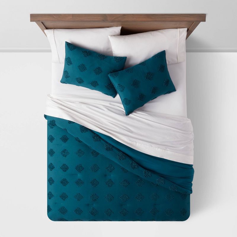 slide 3 of 4, Twin/Twin Extra Long Tufted Diamond Crinkle Comforter and Sham Set Dark Teal Blue - Threshold™: Polyester, OEKO-TEX Certified, Machine Washable, 1 ct