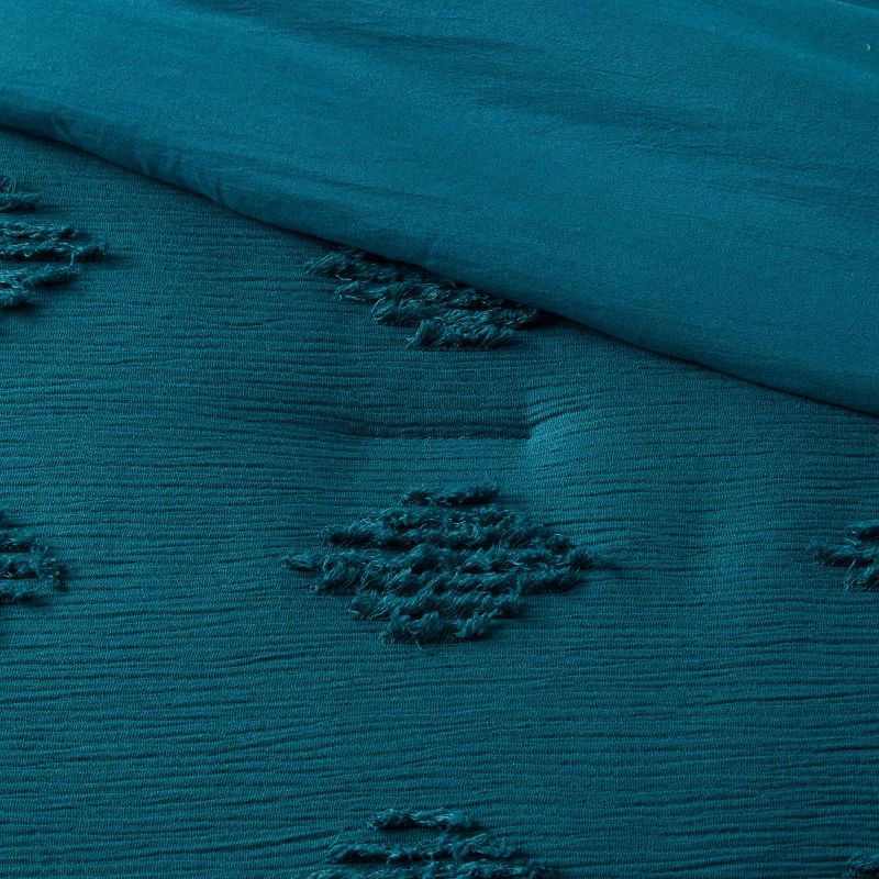 slide 4 of 4, Twin/Twin Extra Long Tufted Diamond Crinkle Comforter and Sham Set Dark Teal Blue - Threshold™: Polyester, OEKO-TEX Certified, Machine Washable, 1 ct