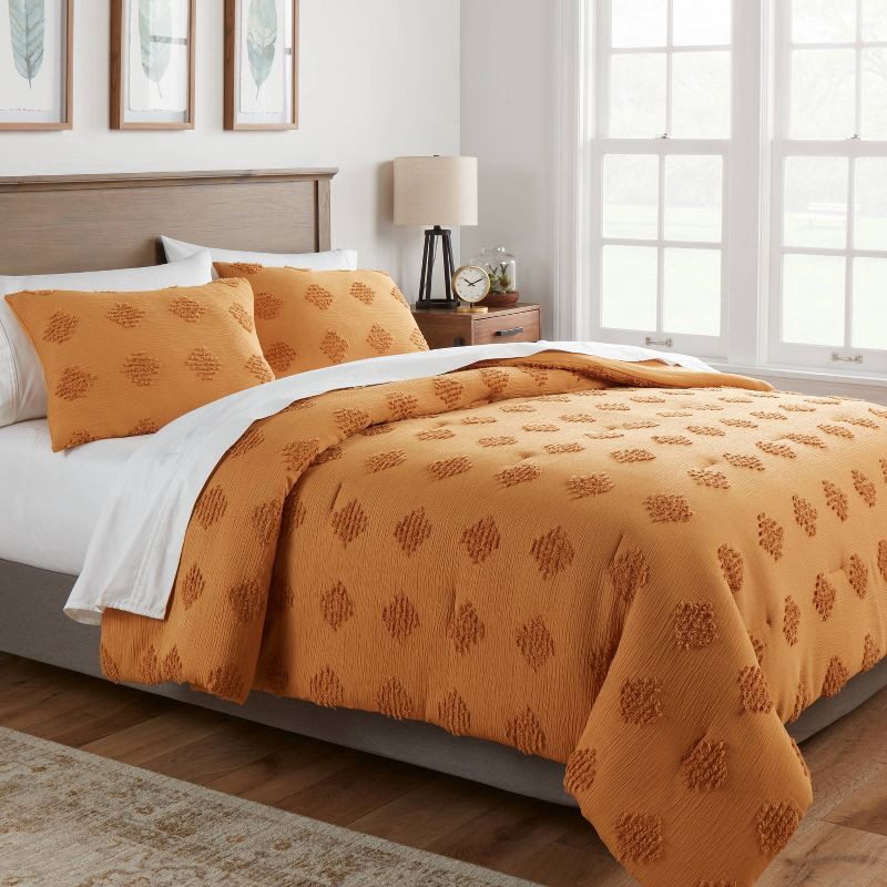 slide 2 of 4, Full/Queen Tufted Diamond Crinkle Comforter and Sham Set Dark Gold - Threshold™: Polyester, OEKO-TEX Certified, 3-Piece Set, 1 ct