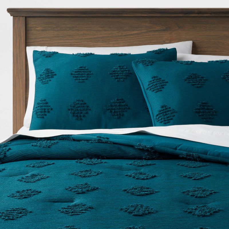 slide 1 of 4, King Tufted Diamond Crinkle Comforter and Sham Set Dark Teal Blue - Threshold™: Polyester, OEKO-TEX Certified, Machine Washable, 1 ct