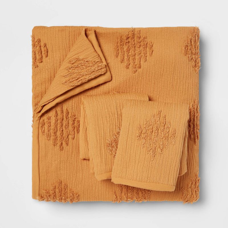 slide 4 of 6, Full/Queen Tufted Diamond Crinkle Duvet Cover and Sham Set Dark Gold - Threshold™: Polyester Bedding Set with OEKO-TEX Certification, 1 ct