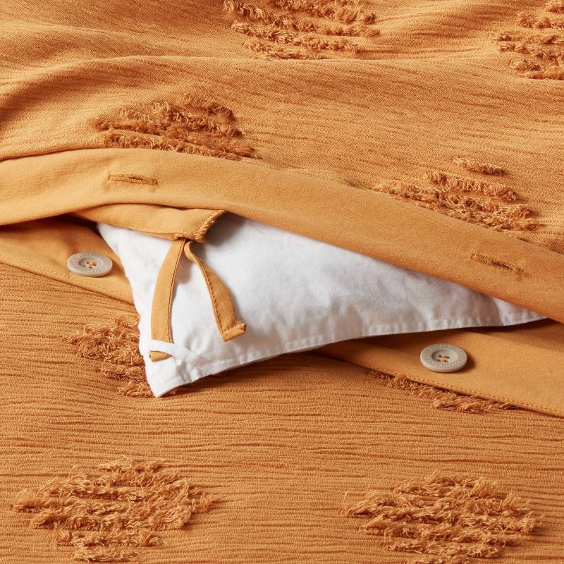slide 6 of 6, Full/Queen Tufted Diamond Crinkle Duvet Cover and Sham Set Dark Gold - Threshold™: Polyester Bedding Set with OEKO-TEX Certification, 1 ct