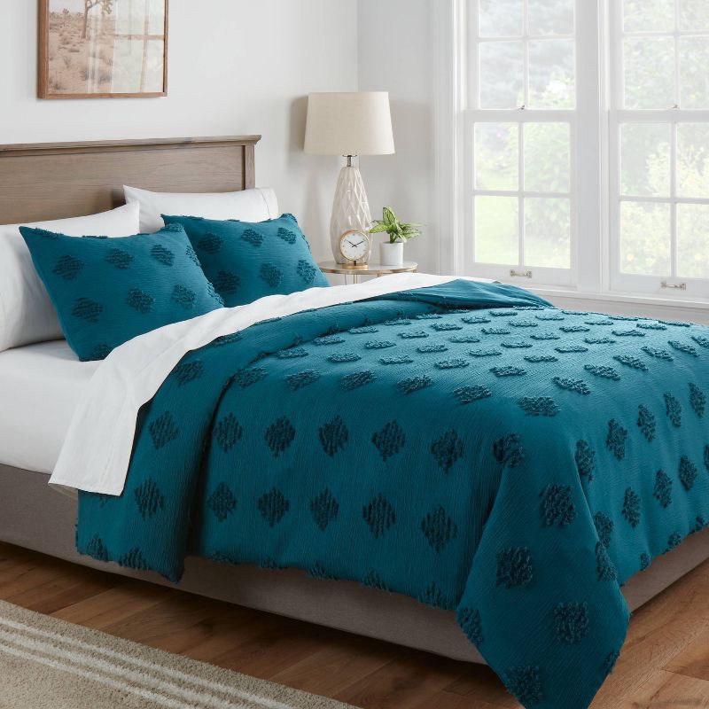 slide 2 of 6, Full/Queen Tufted Diamond Crinkle Duvet Cover and Sham Set Dark Teal Blue - Threshold™: Polyester, OEKO-TEX Certified, 3-Piece, 1 ct