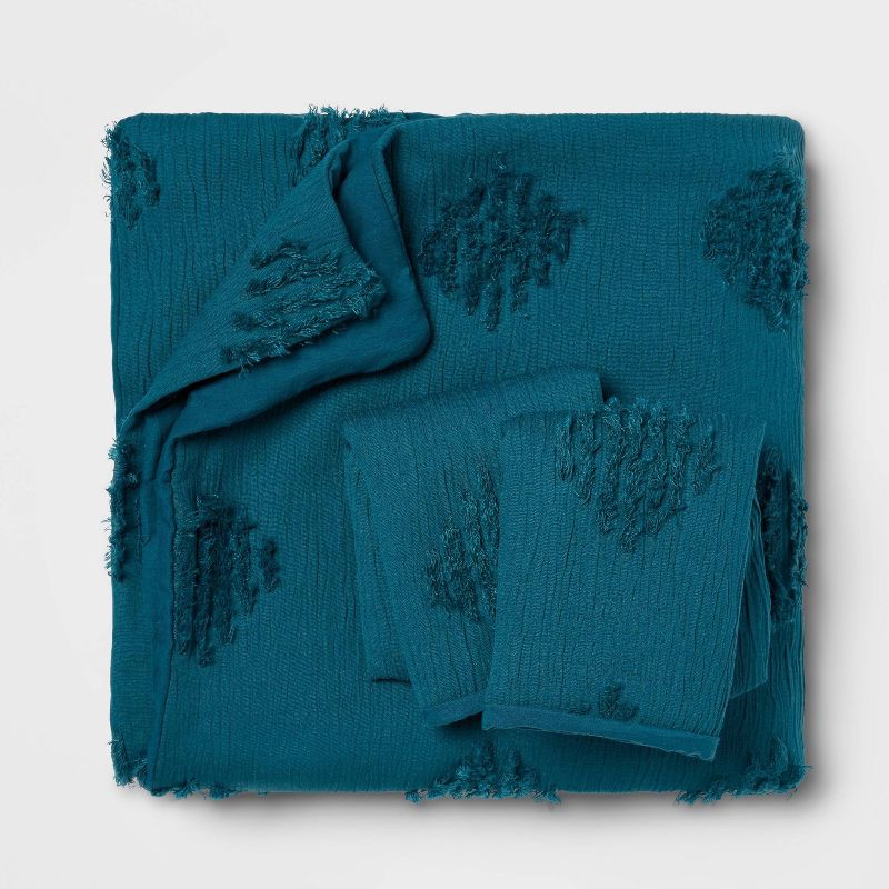 slide 4 of 6, Full/Queen Tufted Diamond Crinkle Duvet Cover and Sham Set Dark Teal Blue - Threshold™: Polyester, OEKO-TEX Certified, 3-Piece, 1 ct