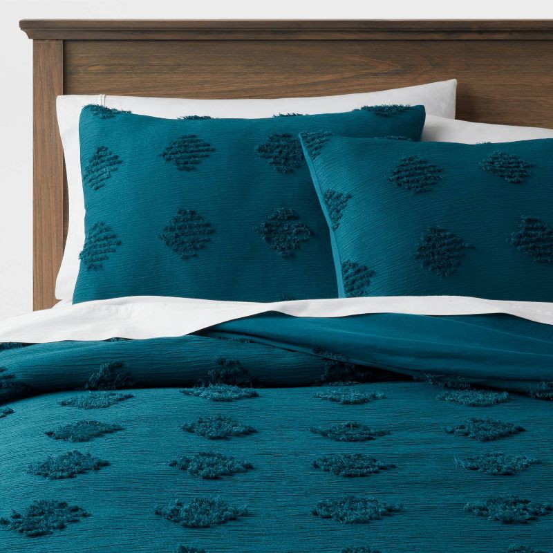 slide 1 of 6, Full/Queen Tufted Diamond Crinkle Duvet Cover and Sham Set Dark Teal Blue - Threshold™: Polyester, OEKO-TEX Certified, 3-Piece, 1 ct