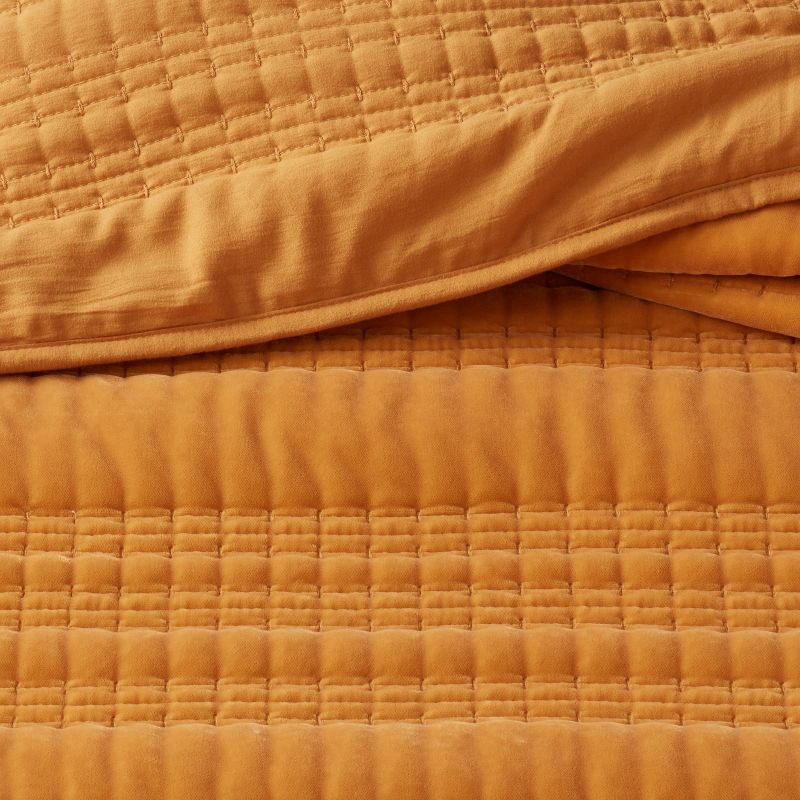 slide 4 of 4, Full/Queen Lofty Velvet Quilt Dark Gold - Threshold™: Machine Washable, OEKO-TEX Certified, Polyester Fill, 1 ct