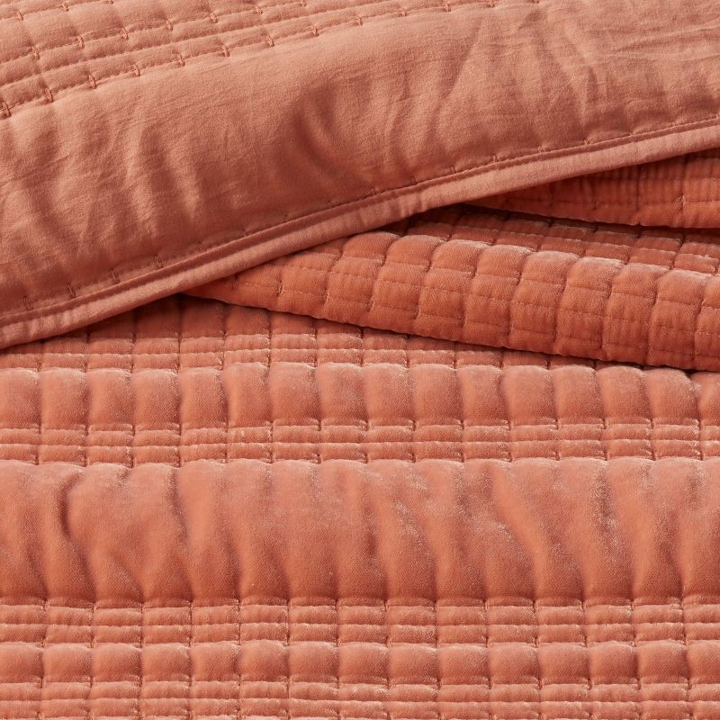 slide 4 of 4, Full/Queen Lofty Velvet Quilt Terracotta/Bronze - Threshold™: OEKO-TEX Certified, Machine Washable, All Ages, 1 ct