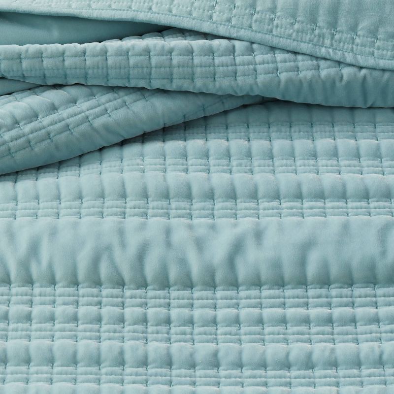 slide 4 of 4, King Lofty Velvet Quilt Light Teal Blue - Threshold™: Polyester Fill, Machine Washable, OEKO-TEX Certified, 1 ct