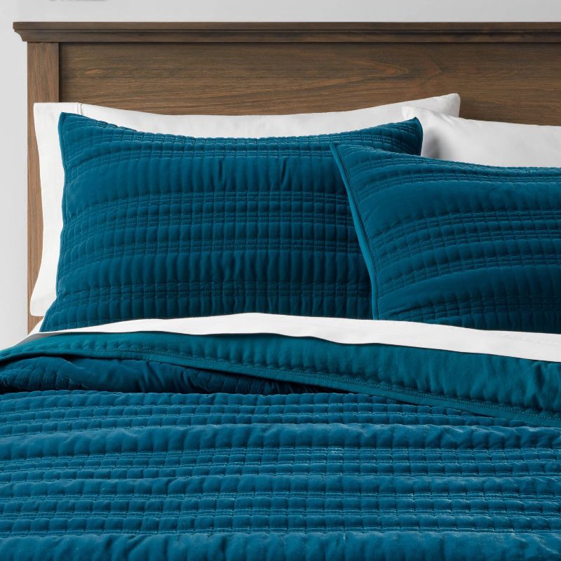 slide 2 of 4, Standard Lofty Velvet Quilt Sham Dark Teal Blue - Threshold™: OEKO-TEX Certified, Polyester, Machine Washable, 1 ct