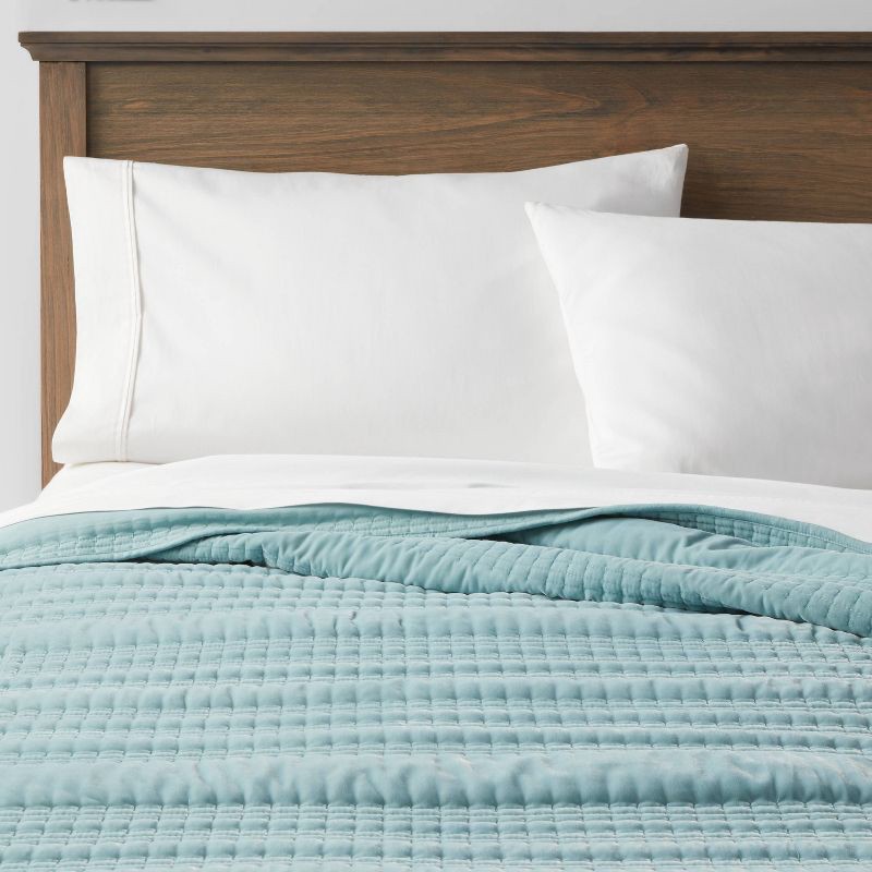 slide 1 of 4, Full/Queen Lofty Velvet Quilt Light Teal Blue - Threshold™: OEKO-TEX Certified, Machine Washable, Polyester Fill, 1 ct