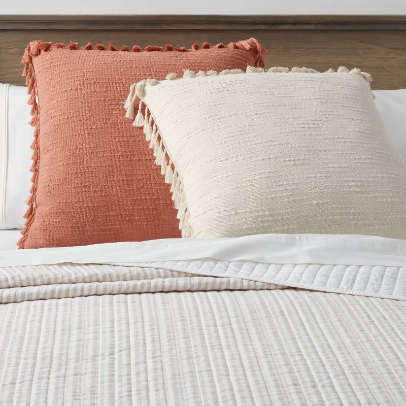 slide 2 of 4, Euro Textured Slub Tassel Decorative Throw Pillow Terracotta - Threshold™: Cotton Square Cushion for Indoor Use, 1 ct