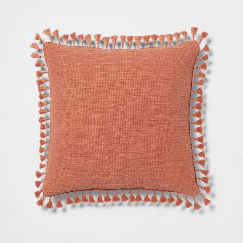 slide 1 of 4, Euro Textured Slub Tassel Decorative Throw Pillow Terracotta - Threshold™: Cotton Square Cushion for Indoor Use, 1 ct