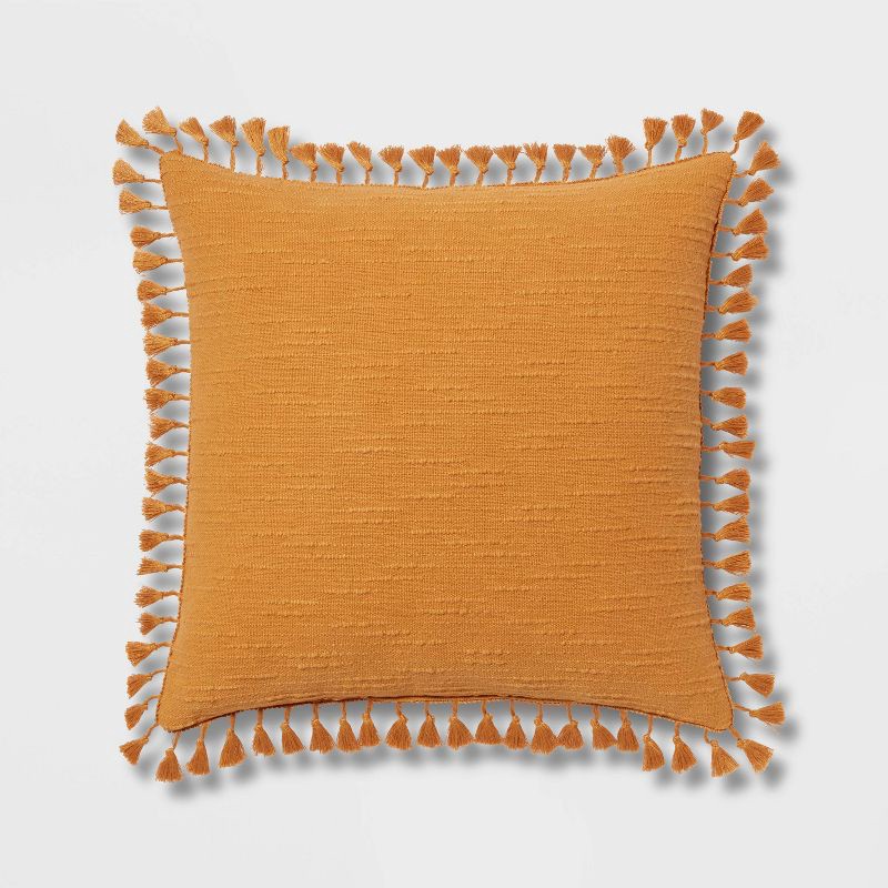 slide 1 of 4, Euro Textured Slub Tassel Decorative Throw Pillow Dark Gold - Threshold™: Cotton Dobby, Indoor Square Accent Pillow, 1 ct