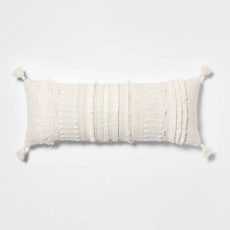 slide 1 of 4, Oversized Oblong Woven Knotted Fringe Decorative Throw Pillow Natural - Threshold™, 1 ct