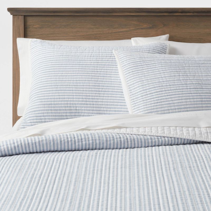 slide 2 of 4, Standard Reversible Cotton Stripe Quilt Sham Light Blue - Threshold, 1 ct