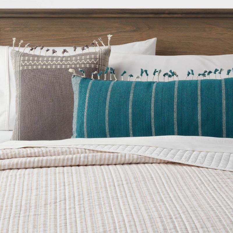 slide 2 of 4, Square Woven Pattern Tassel Decorative Throw Pillow Light Gray - Threshold™: Cotton & Wool Blend, Indoor Knife Edge Design, 1 ct