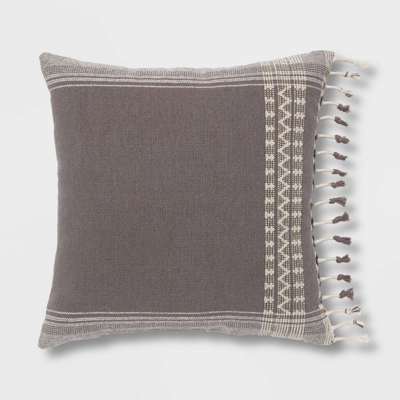 slide 1 of 4, Square Woven Pattern Tassel Decorative Throw Pillow Light Gray - Threshold™: Cotton & Wool Blend, Indoor Knife Edge Design, 1 ct