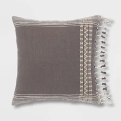 Square Woven Pattern Tassel Decorative Throw Pillow Light Gray - Threshold™: Cotton & Wool Blend, Indoor Knife Edge Design