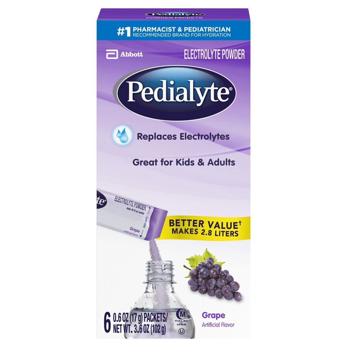 slide 1 of 5, Pedialyte Grape Electrolyte Powder, 6 ct