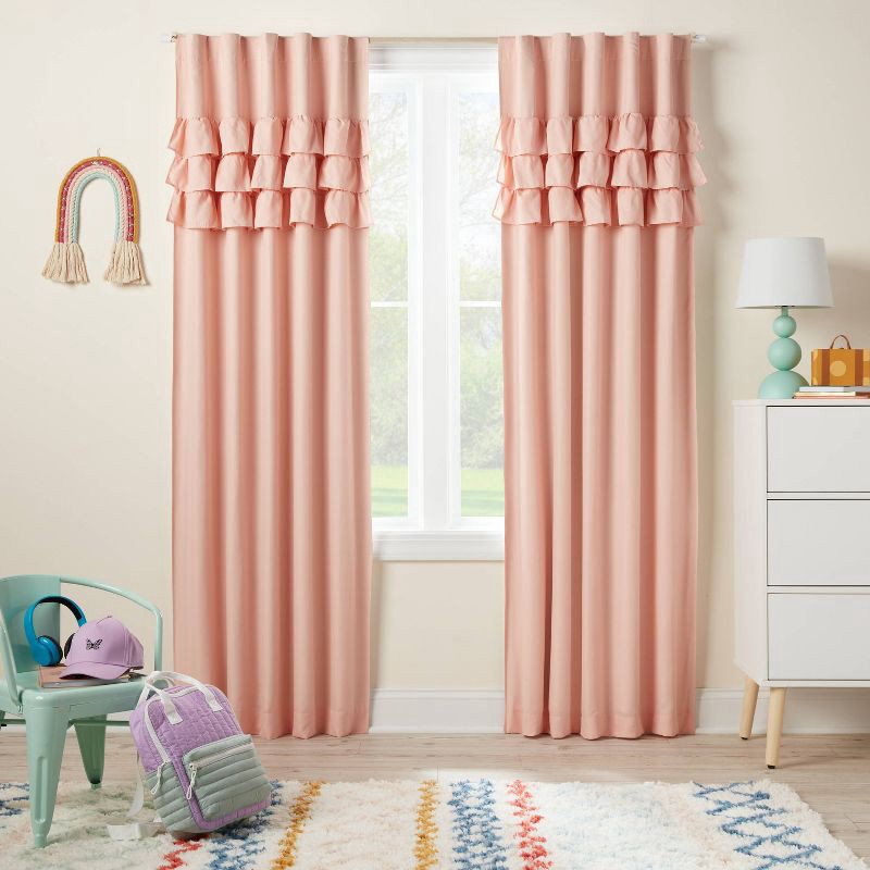 slide 2 of 5, 42"W x 84"L Ruffle Kids' Blackout Window Curtain Panel Pink - Pillowfort™, 1 ct