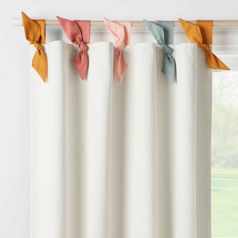 slide 1 of 5, 42"W x 84"L Tie Top Embellished Kids' Blackout Window Curtain Panel with Ties White - Pillowfort™, 1 ct