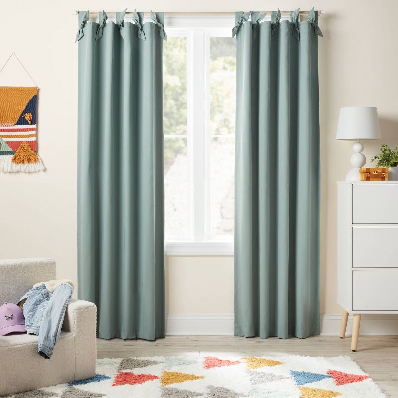 slide 2 of 5, 42"W x 84"L Tie Top Embellished Kids' Blackout Window Curtain Panel with Ties Green - Pillowfort™, 1 ct