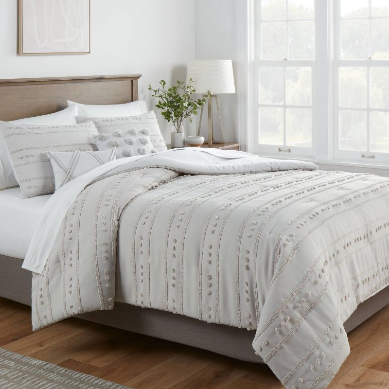 slide 2 of 7, 5pc Full/Queen Clipped Stripe Poms Comforter Bedding Set Gray - Threshold™, 5 ct