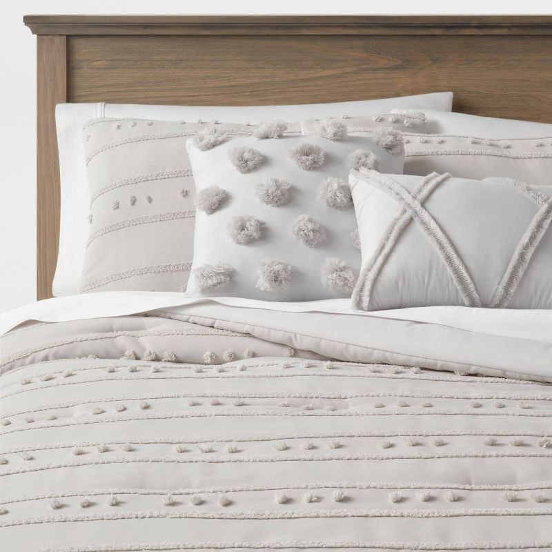 slide 1 of 7, 5pc Full/Queen Clipped Stripe Poms Comforter Bedding Set Gray - Threshold™, 5 ct