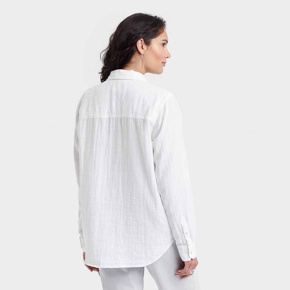 slide 2 of 3, Women's Long Sleeve Relaxed Fit Gauze Button-Down Shirt - Universal Thread White S, 1 ct