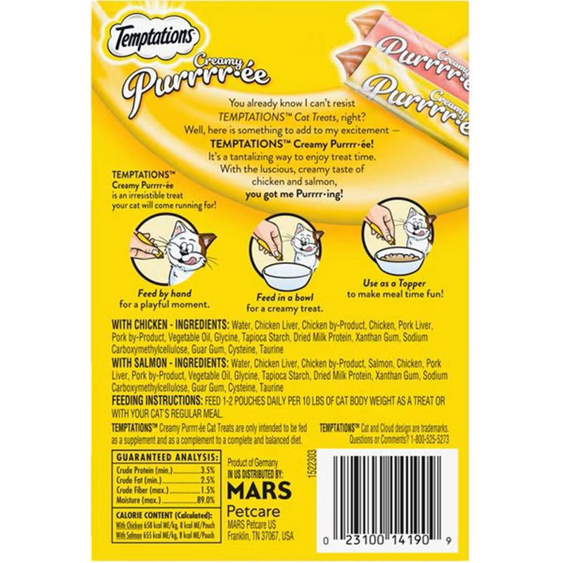 slide 2 of 17, Temptations Creamy Puree with Chicken and Salmon Flavor Squeezable Lickable Variety Pack Cat Treats - 16ct, 16 ct