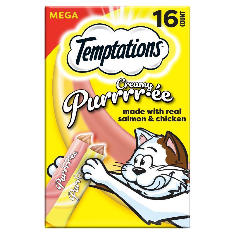 slide 1 of 17, Temptations Creamy Puree with Chicken and Salmon Flavor Squeezable Lickable Variety Pack Cat Treats - 16ct, 16 ct