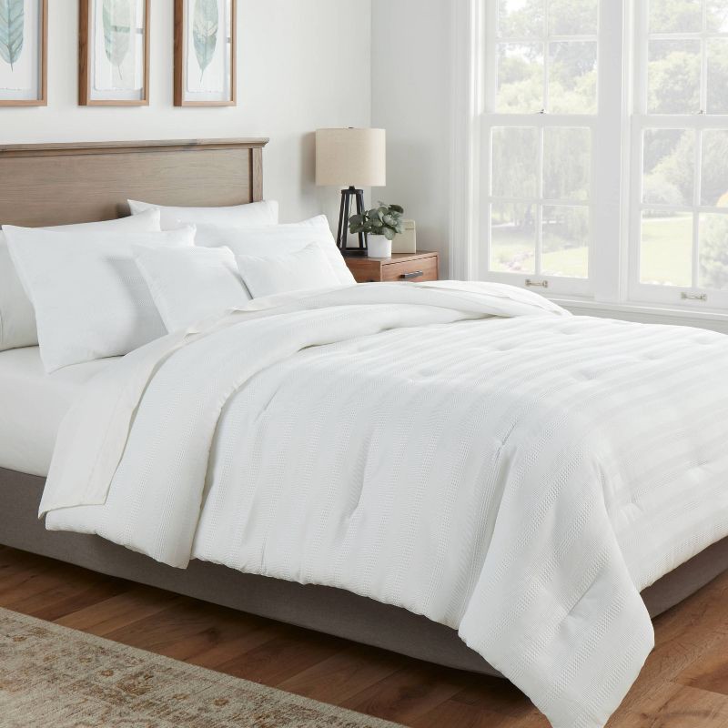 slide 2 of 7, 5pc King Woven Waffle Stripe Comforter Set White - Threshold™: Polyester Bedding with Decorative Pillows, 5 ct