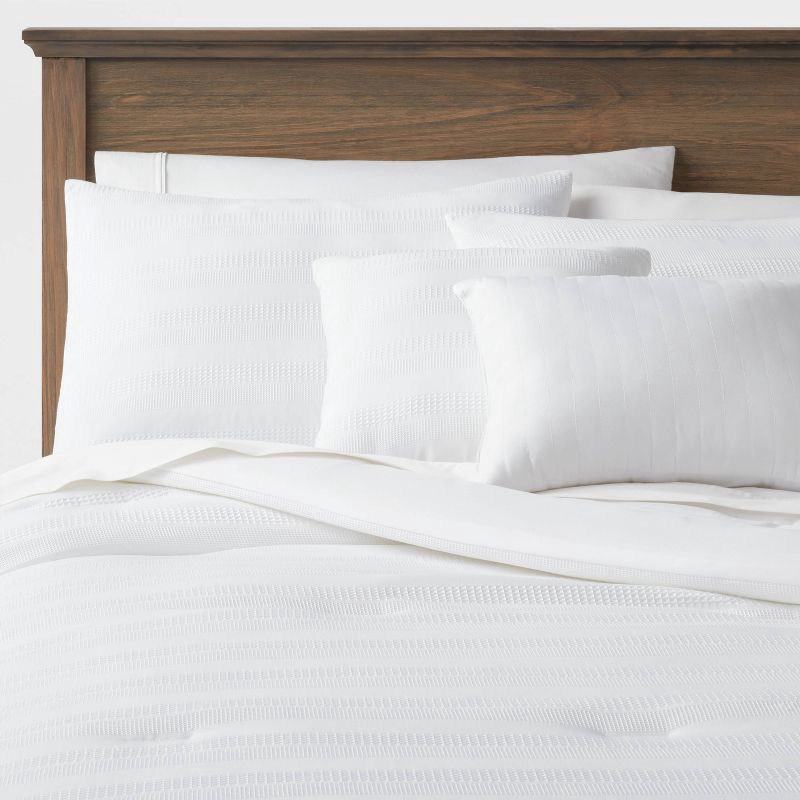 slide 1 of 7, 5pc King Woven Waffle Stripe Comforter Set White - Threshold™: Polyester Bedding with Decorative Pillows, 5 ct