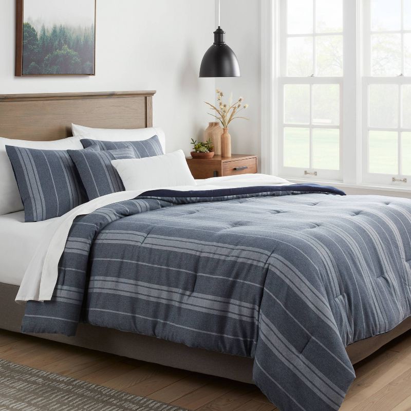 slide 2 of 8, 5pc Full/Queen Reversible Heathered Herringbone Stripe Comforter Set Blue - Threshold™: Includes Shams & Decorative Pillows, 1 ct