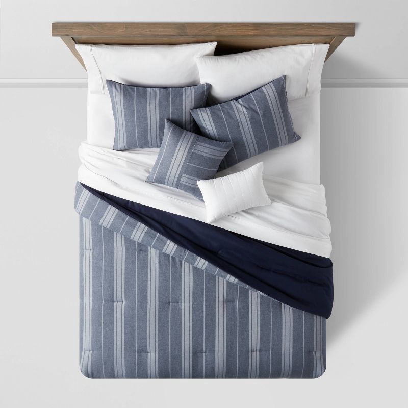 slide 3 of 8, 5pc Full/Queen Reversible Heathered Herringbone Stripe Comforter Set Blue - Threshold™: Includes Shams & Decorative Pillows, 1 ct