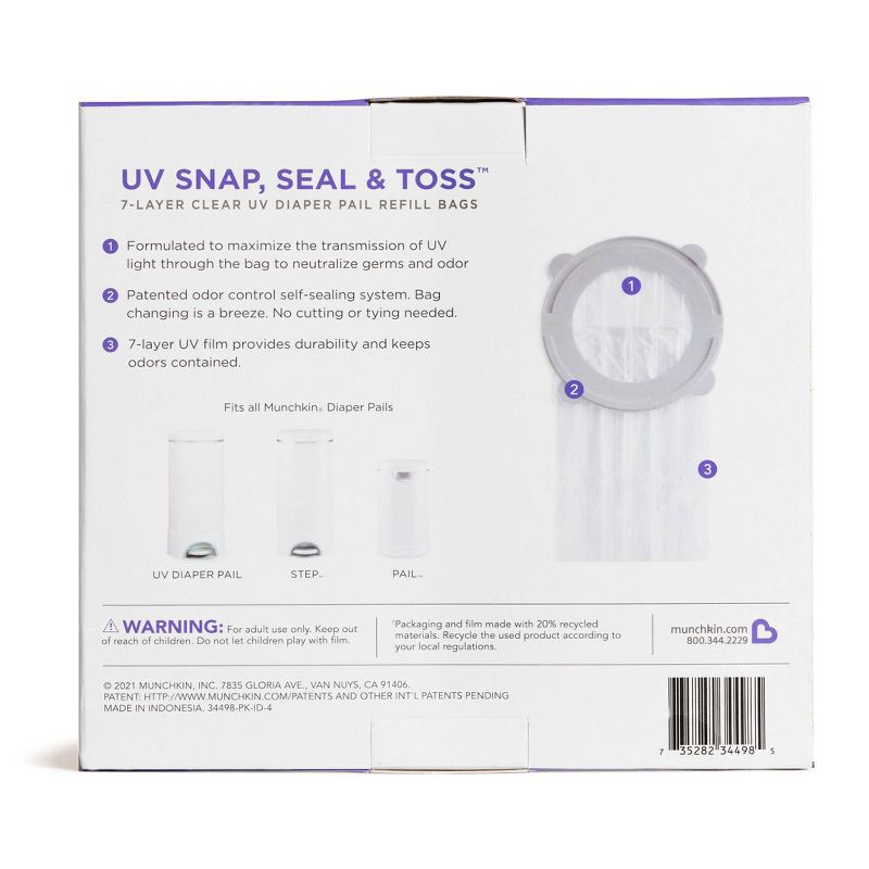 slide 2 of 9, Munchkin UV Snap, Seal & Toss Diaper Pail Refill Bags - 20pk, 20 ct